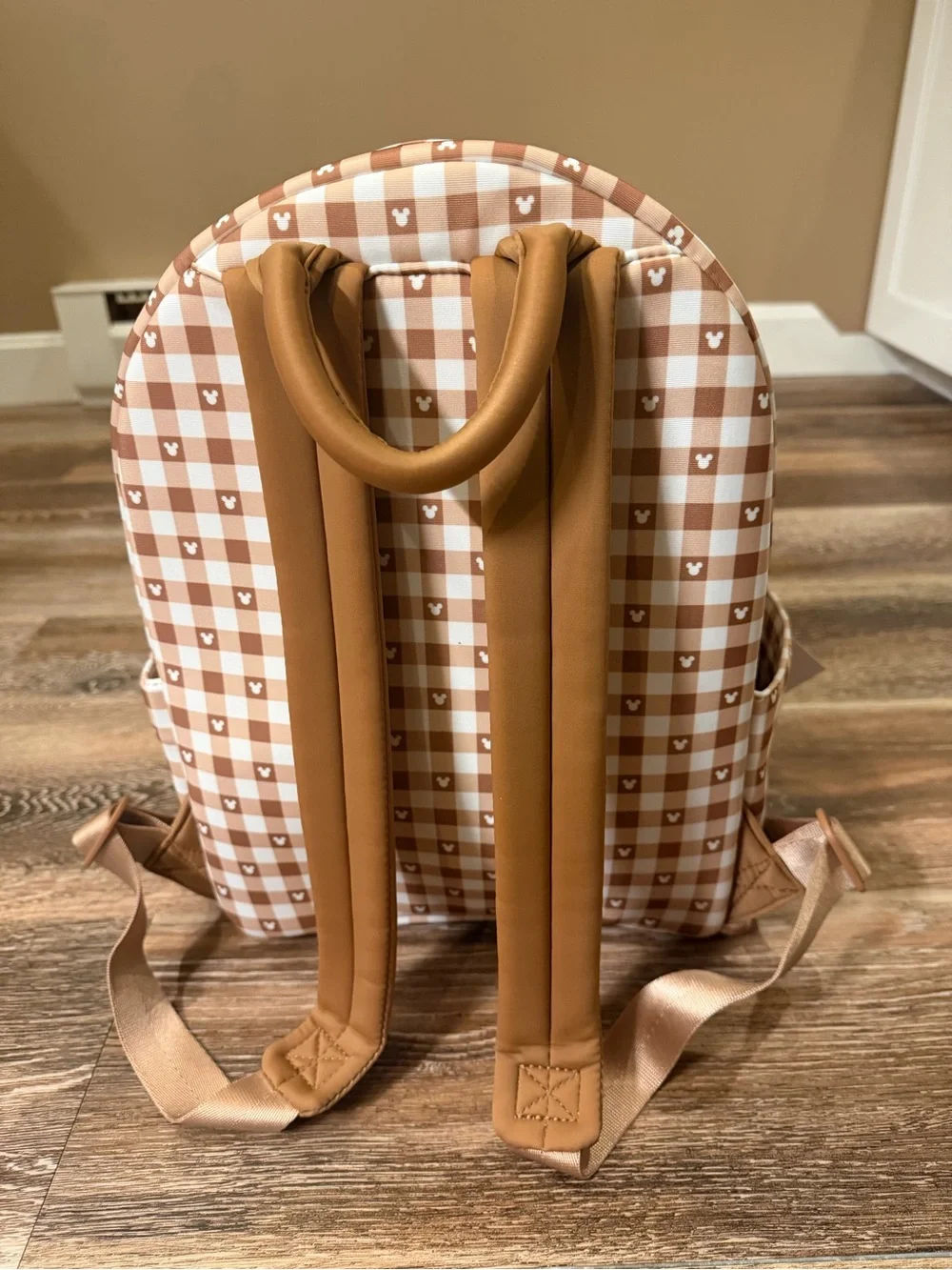 Freshly Picked Brown and Cream Gingham Diaper Backpack with Mickey Accent